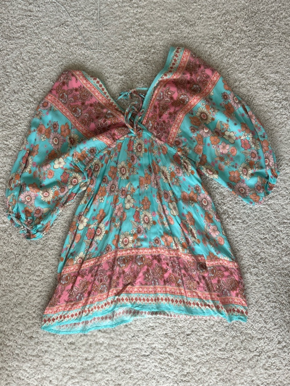 Cupshe Aqua and Pink Floral Boho Tie-Front Tunic